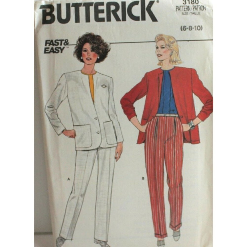 Butterick 3180 Sewing Pattern Misses 6-8-10 Jacket Pants 1980s Vintage